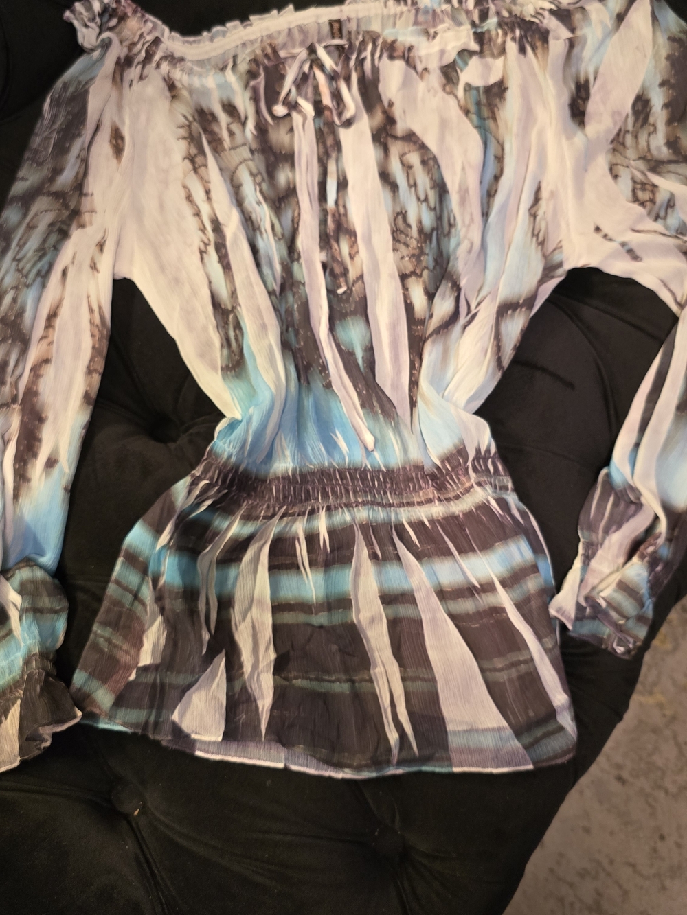 Mushkaby Sienna Rose, Inc Sheer Off-Shoulder Tie-Front Blouse in Aqua and Black